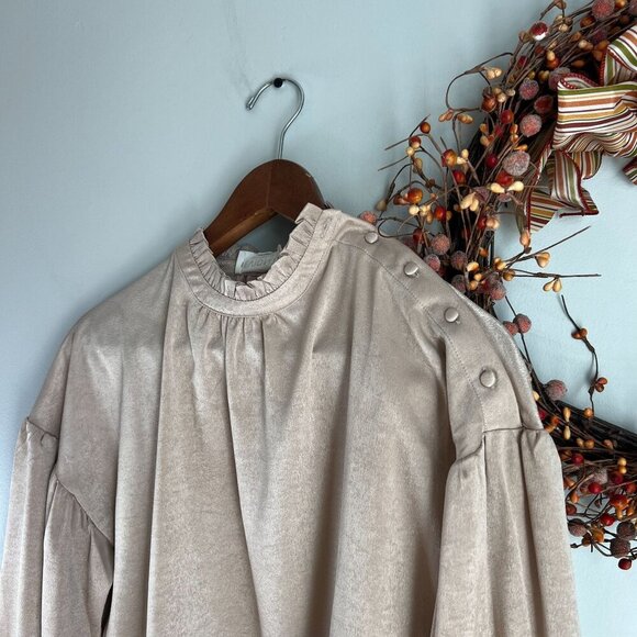 Evidnt Womens Stand Collar Long Sleeve Blouse XS in Taupe Brush - Picture 2 of 10